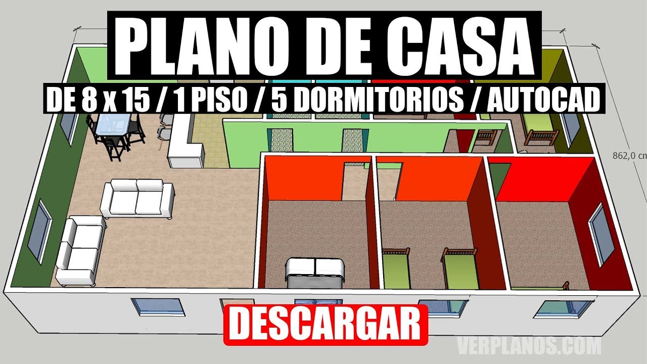 Plano de casa simple de 8x15 mtrs y 5 dormitorios 🤩 ¡Para Descargar!