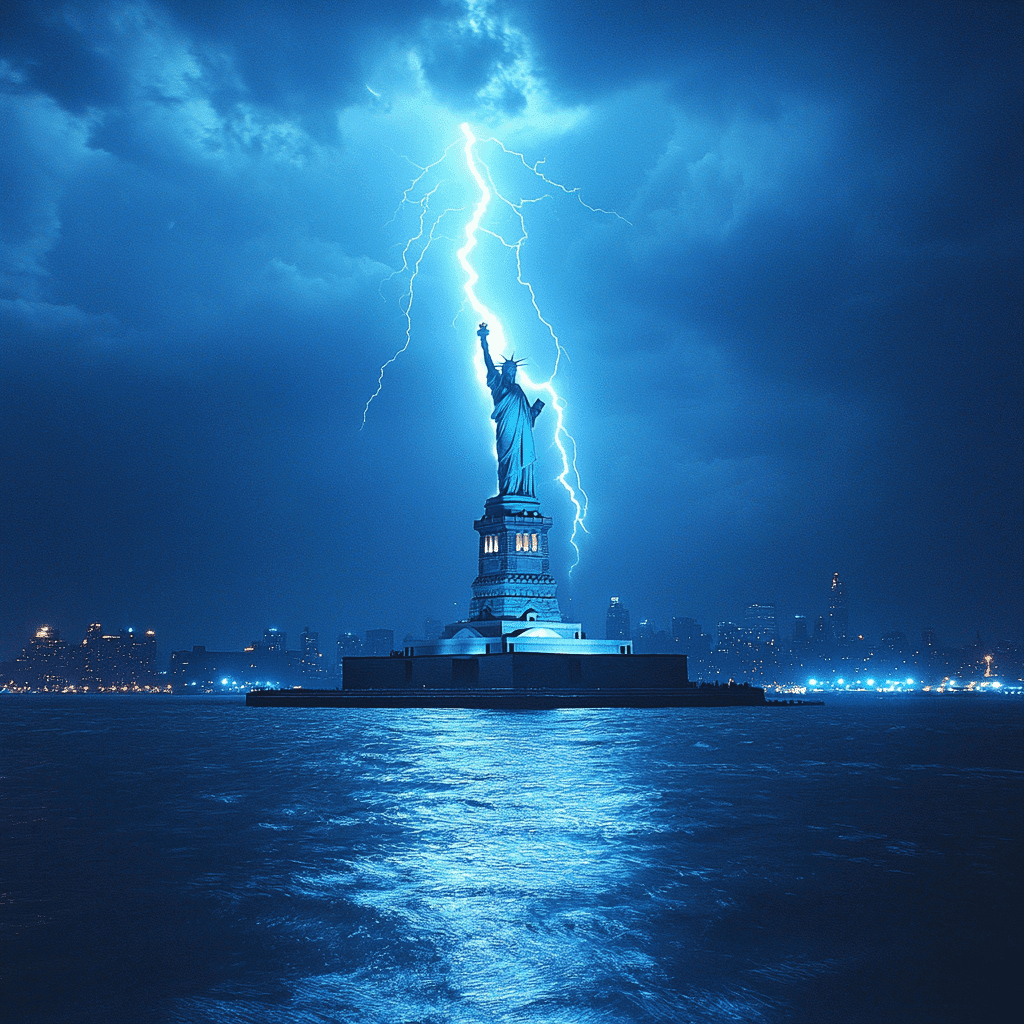 lightning strikes the statue of liberty