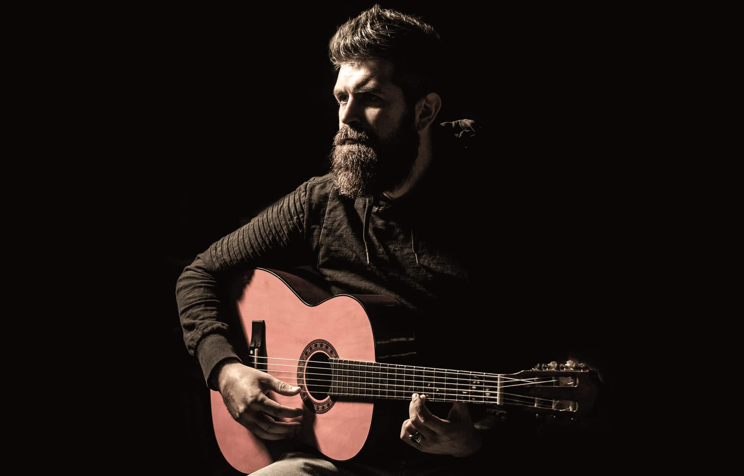 Bearded Guitarist Plays Play Guitar Beard Hipster Man Sitting Pub Live Music Guitars Strings Scaled