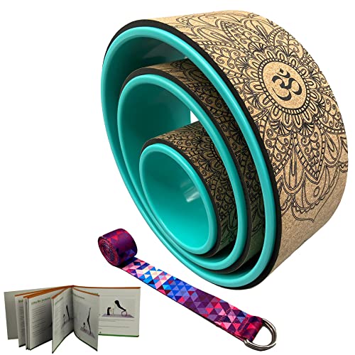 Aozora Yoga Wheel with Most Detailed Book Step by Step Guide on How to Do + Poses,! Perfect for Stretching and Improving Backbends (Pack , & CorkTurquoise +strap)